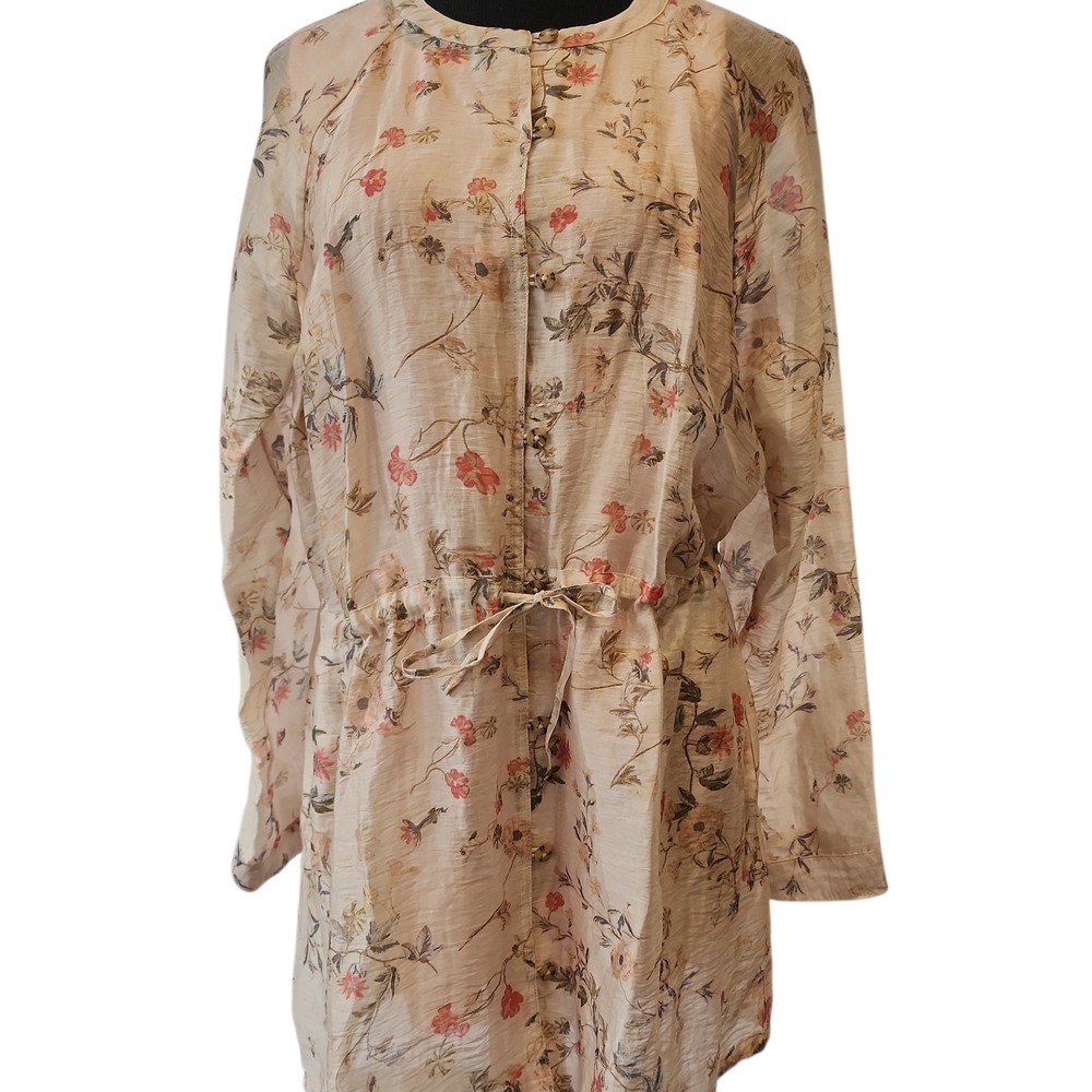 J. Jill Beige and Pink Floral Tie Jacket Top Set - Elegant Linen Blend Set